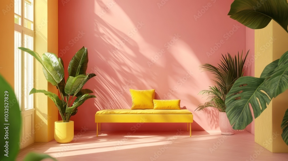 A vibrant interior scene featuring a yellow sofa against a pink wall and lush plants. A vibrant interior scene featuring a yellow sofa against a pink wall and lush plants.