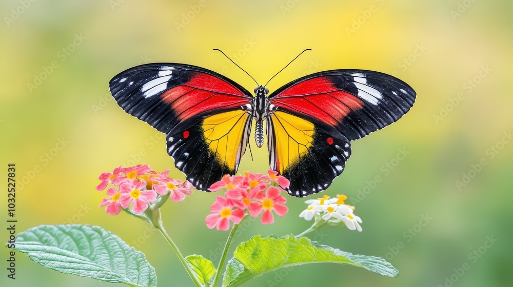 Naklejka premium A colorful butterfly perched with wings spread, showing off its radiant colors and intricate wing patterns in high-res.