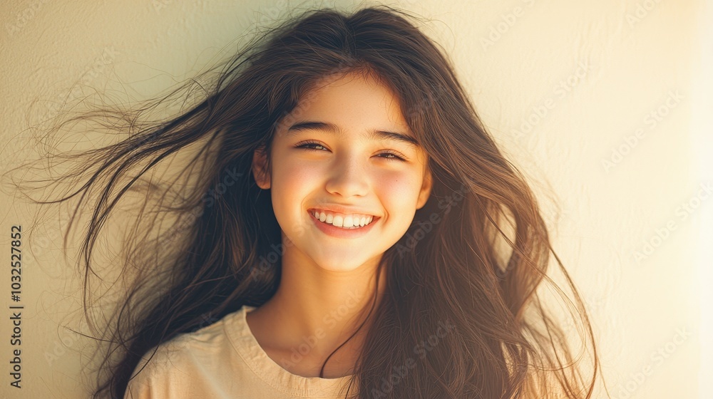 Radiant Joy Close-Up Portrait of Smiling Girl with Dark Brown Hair on Neutral Background Radiant Joy Close-Up Portrait of Smiling Girl with Dark Brown Hair on Neutral Background