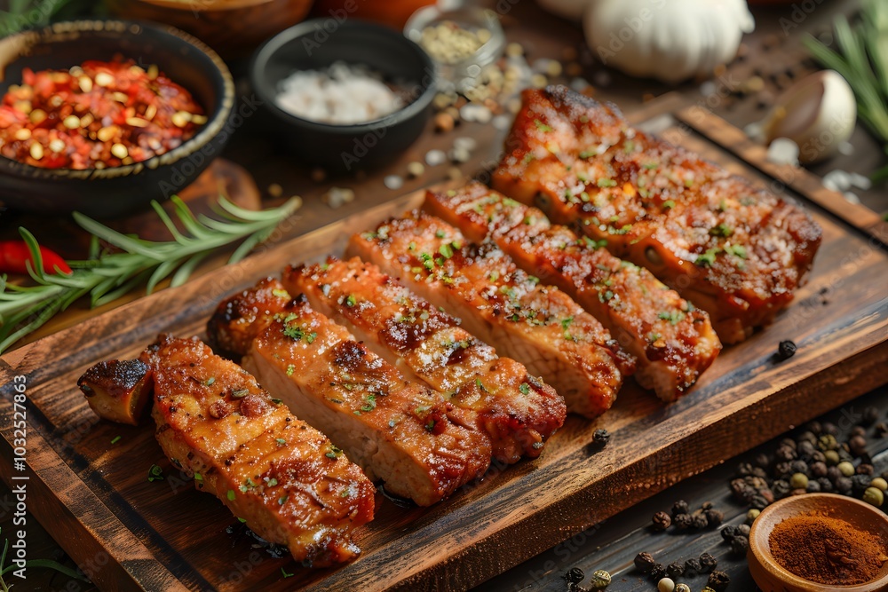 Succulent Grilled Meat on a Rustic Wooden Platter Succulent Grilled Meat on a Rustic Wooden Platter