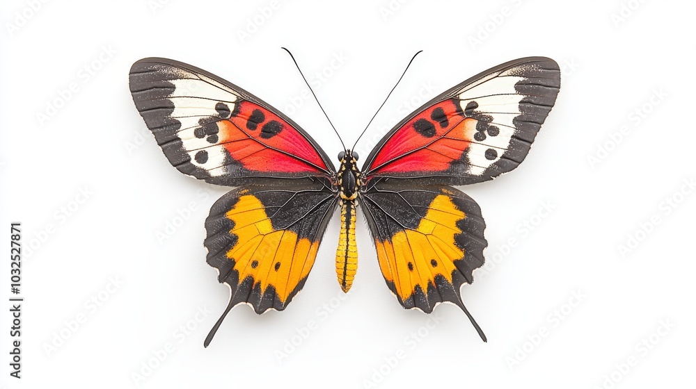 Fototapeta premium A colorful butterfly with striking wing patterns, shown in a detailed high-res image, highlighting its bold color contrasts.