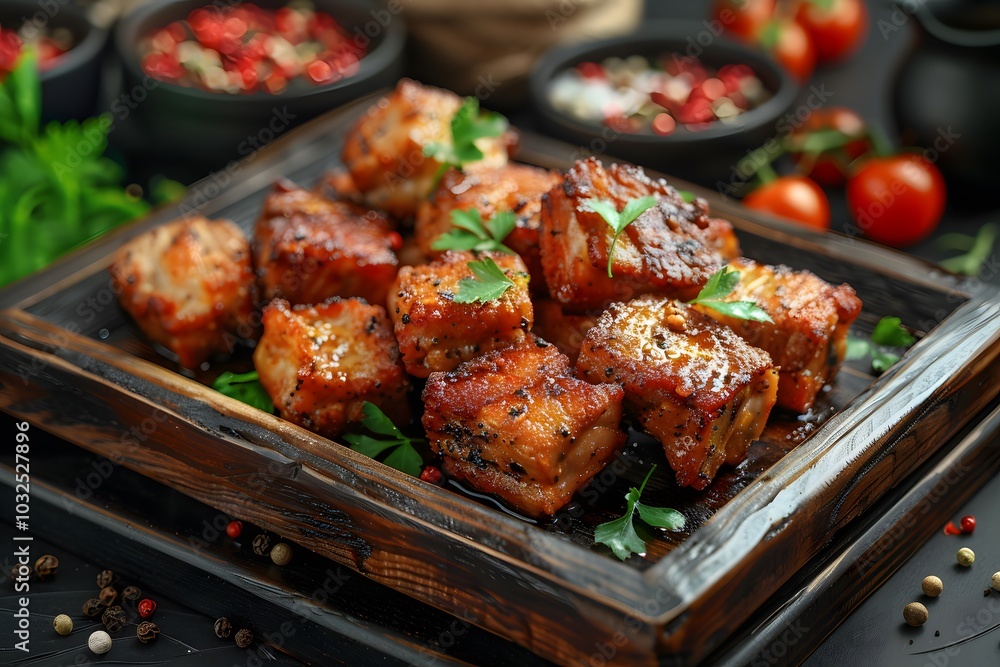 Savory Crispy Pork Belly Served on a Rustic Wooden Platter Savory Crispy Pork Belly Served on a Rustic Wooden Platter