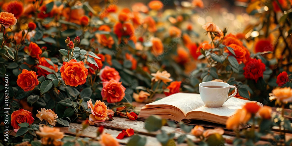 custom made wallpaper toronto digitalRelaxing morning in garden with coffee book and blooming flowers
