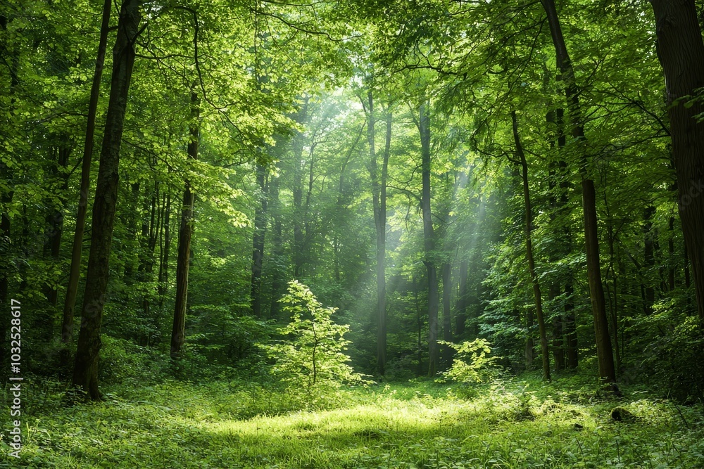 Enchanted Forest Sunlit Path Through Verdant Canopy - Tranquil Nature Landscape Enchanted Forest Sunlit Path Through Verdant Canopy - Tranquil Nature Landscape