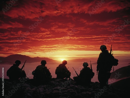 Dramatic Silhouettes at Sunset Soldiers Contemplating Sacrifice in Crimson Sky