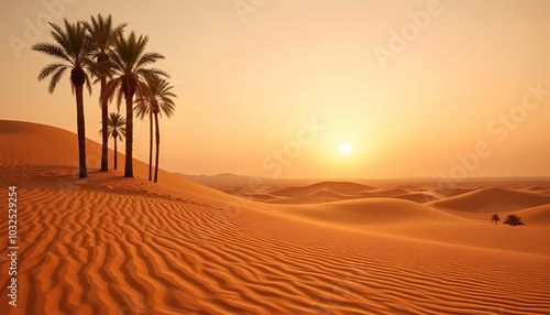 Serene desert landscape at dusk with palm trees and golden light illuminating sandy terrain and dunes