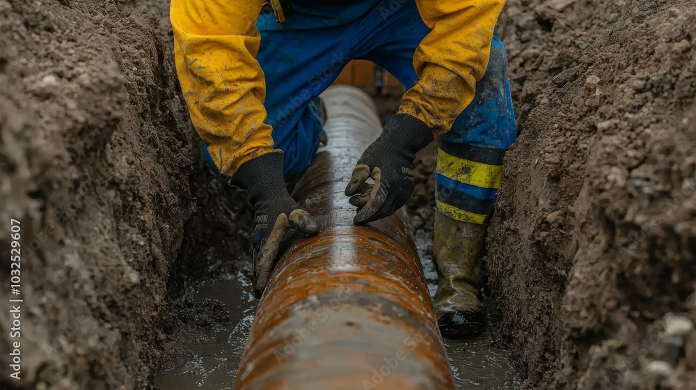 Detailed Inspection of Rusty Pipe by Worker's Hands in Muddy Trench - Industrial Maintenance Concept Detailed Inspection of Rusty Pipe by Worker's Hands in Muddy Trench - Industrial Maintenance Concept