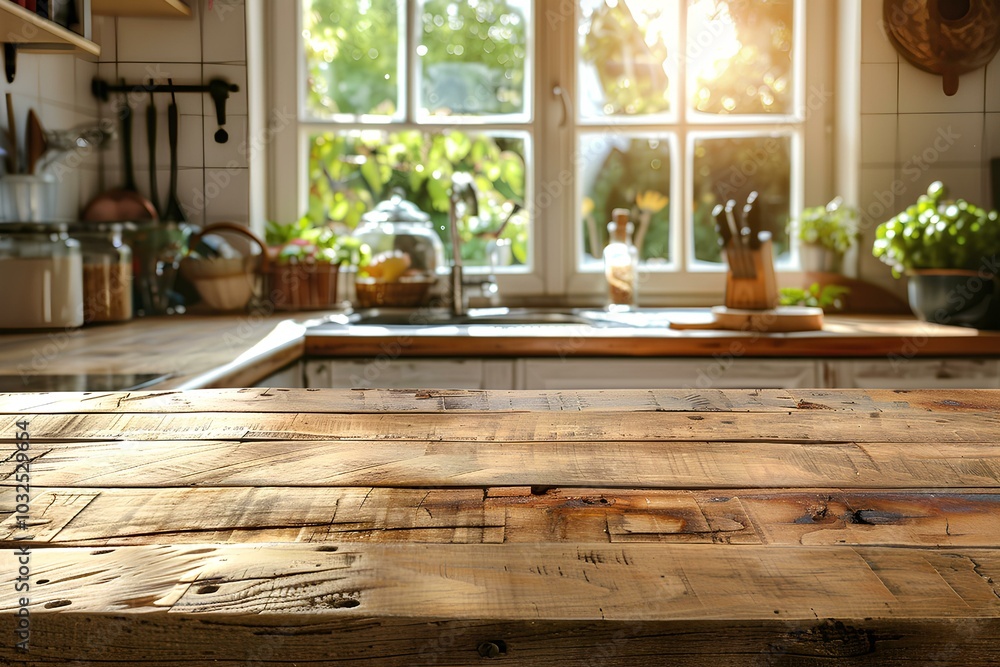 A wooden table in front of a window in a kitchen A wooden table in front of a window in a kitchen