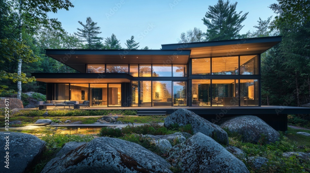 Minimalist home with large windows, blending seamlessly into its natural surroundings Minimalist home with large windows, blending seamlessly into its natural surroundings