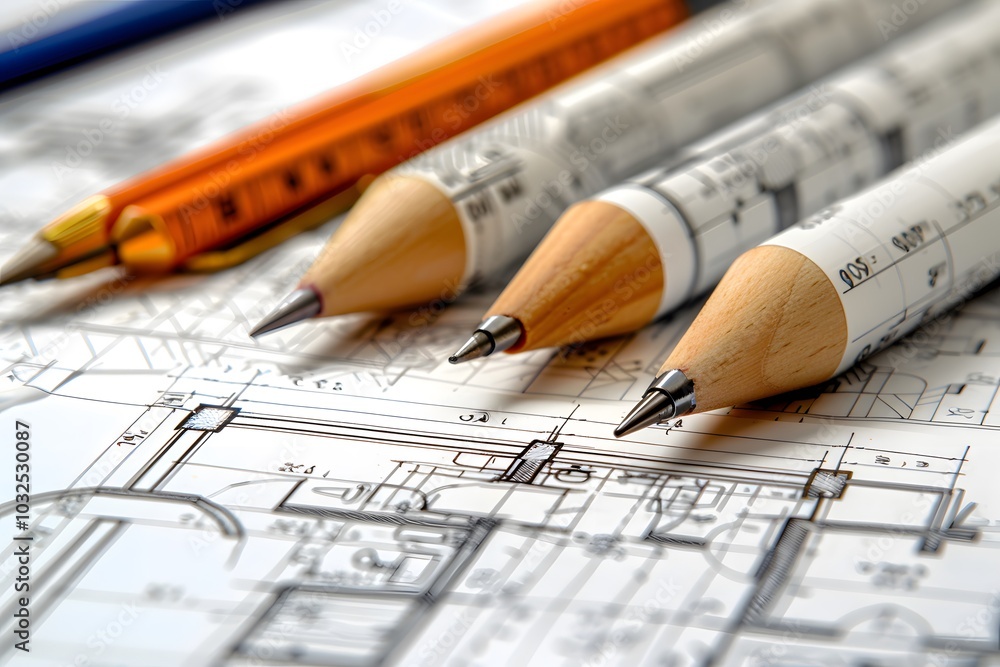 Architectural Drafting Tools on Blueprint Background Architectural Drafting Tools on Blueprint Background