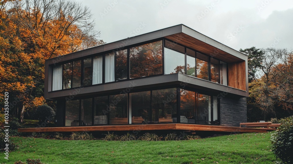 Minimalist home with large windows, blending seamlessly into its natural surroundings Minimalist home with large windows, blending seamlessly into its natural surroundings