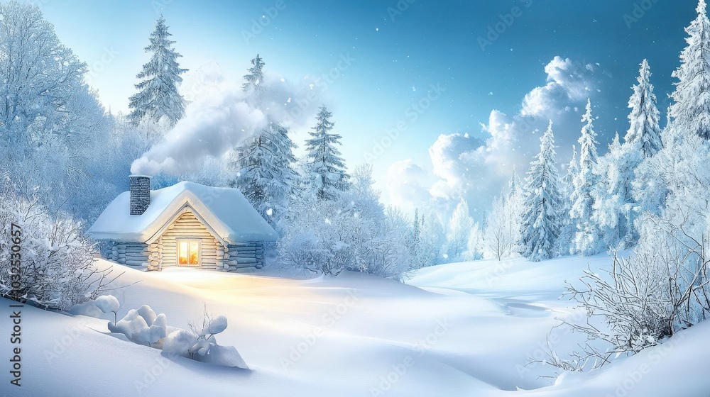 A peaceful winter retreat, with a snow-covered cabin glowing warmly in the forest, surrounded by snow-laden trees and smoke rising from the chimney. A peaceful winter retreat, with a snow-covered cabin glowing warmly in the forest, surrounded by snow-laden trees and smoke rising from the chimney.