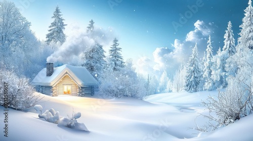 A peaceful winter retreat, with a snow-covered cabin glowing warmly in the forest, surrounded by snow-laden trees and smoke rising from the chimney.