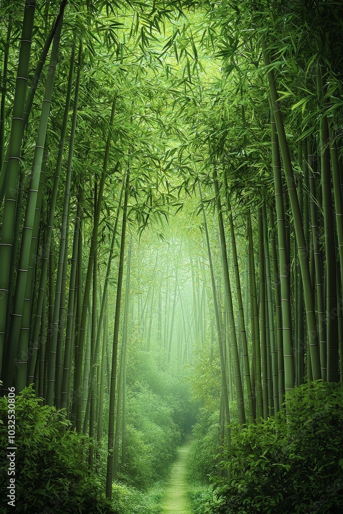 Fototapeta premium Zen Tranquility Symmetrical Path Through Lush Bamboo Forest, Green Depths of Serenity Calm Journey Exploration Serene Greenery