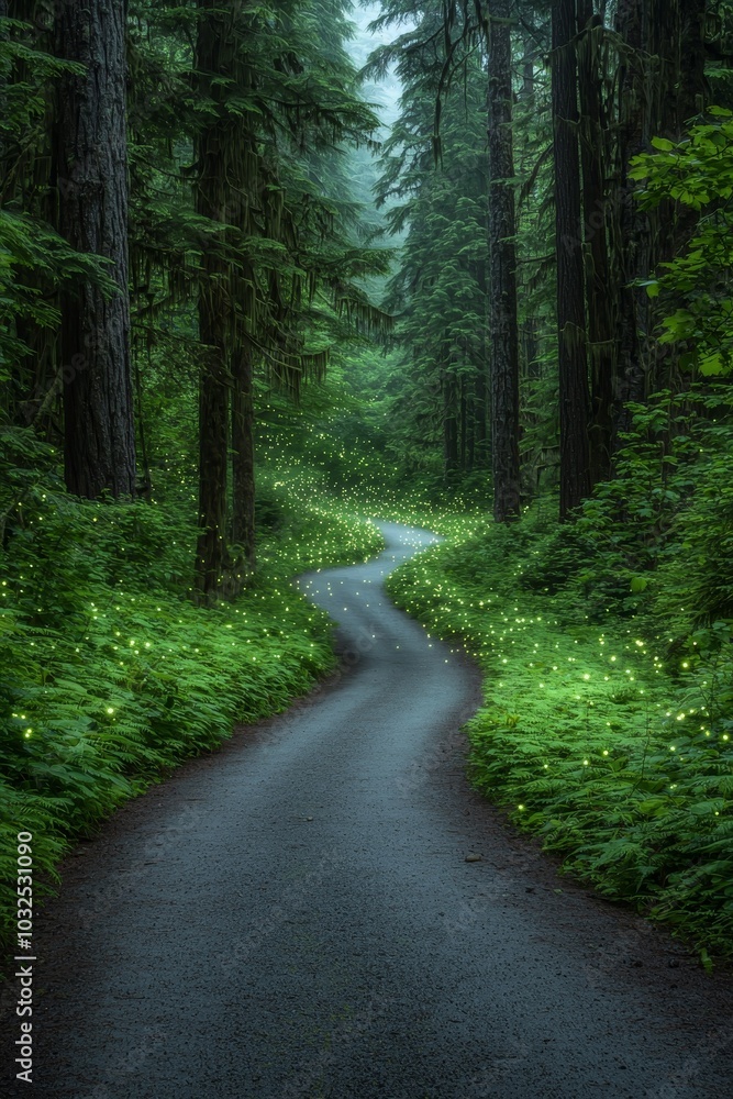 Enchanted Mossy Forest Path Leading into Mystery Magical Twilight Woodland Trail Enchanted Mossy Forest Path Leading into Mystery Magical Twilight Woodland Trail