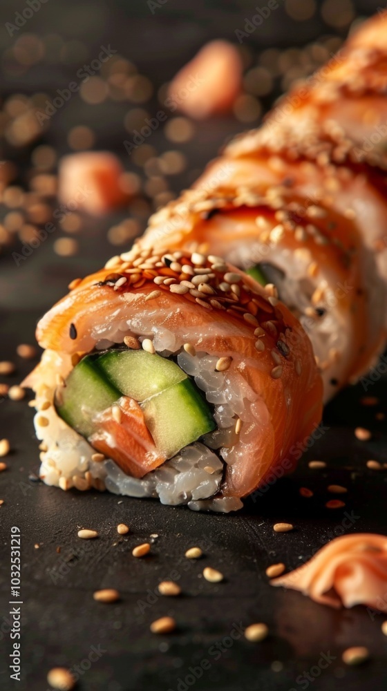 Delicious Sushi Rolls with Salmon and Sesame Delicious Sushi Rolls with Salmon and Sesame