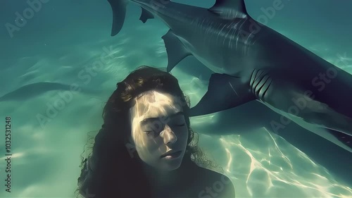 Young woman swimming peacefully, unaware of the shark nearby.
