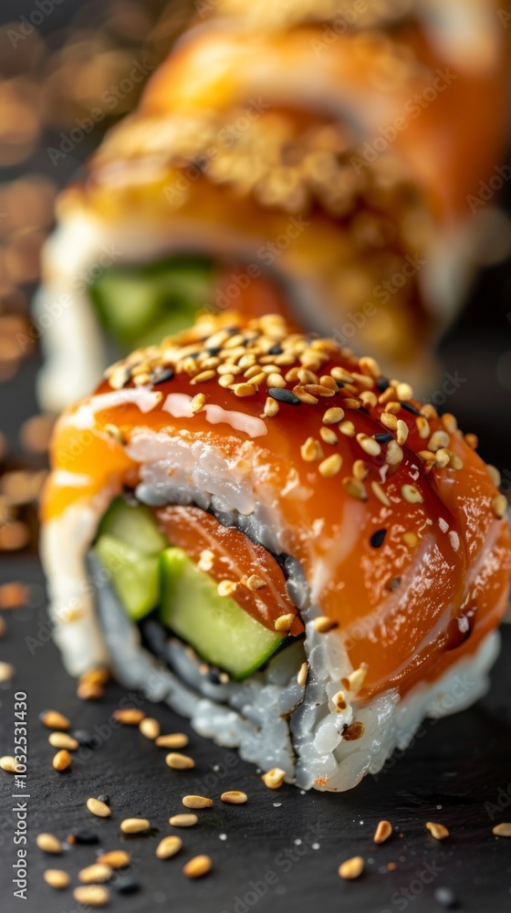Delicious Sushi Rolls with Salmon and Sesame Delicious Sushi Rolls with Salmon and Sesame