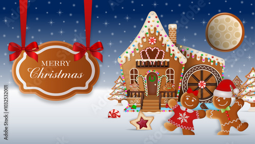 christmas banner with gingerbread watermill. christmas greeting card with cookies and candies