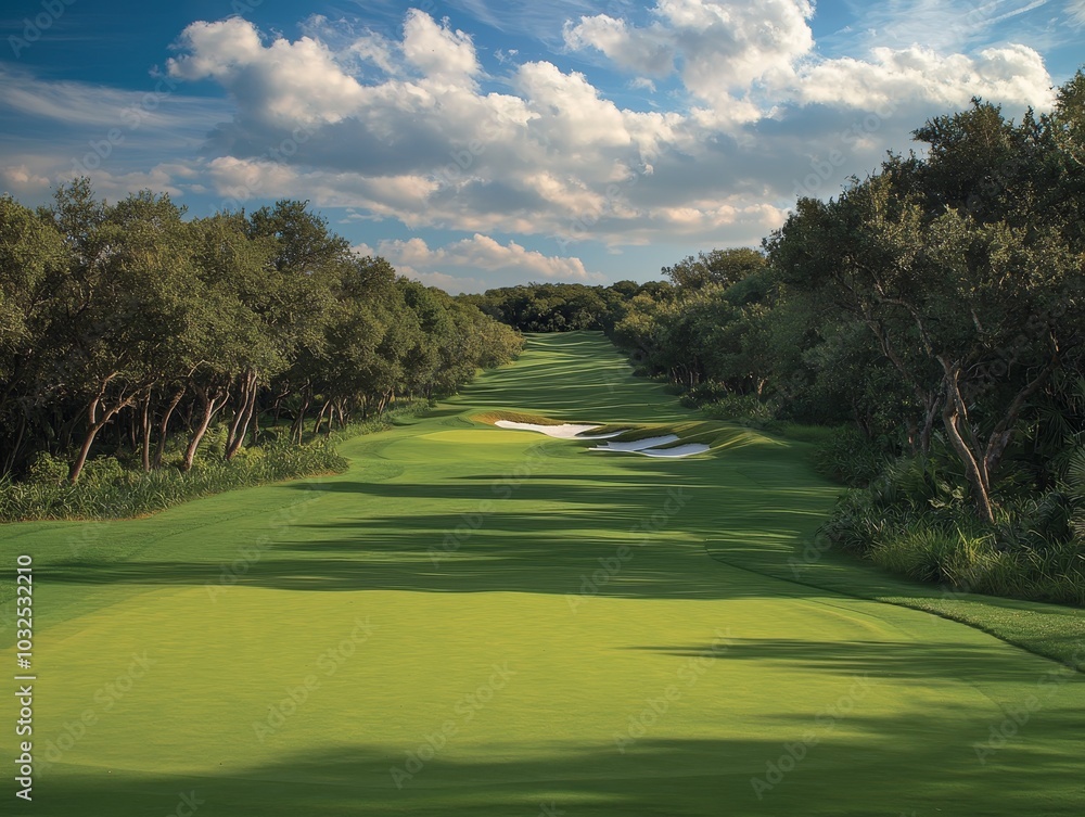 Tranquil Green Fairway in Serene Golf Course Landscape under Blue Sky - Relaxing Outdoor Scene for Vacation Marketing Tranquil Green Fairway in Serene Golf Course Landscape under Blue Sky - Relaxing Outdoor Scene for Vacation Marketing