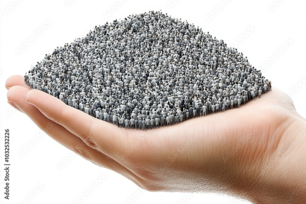Hand holding a pile of small grey human figures symbolizing conformity unity and the balance of individuality within collective systems in a neutral toned minimalist composition Hand holding a pile of small grey human figures symbolizing conformity unity and the balance of individuality within collective systems in a neutral toned minimalist composition