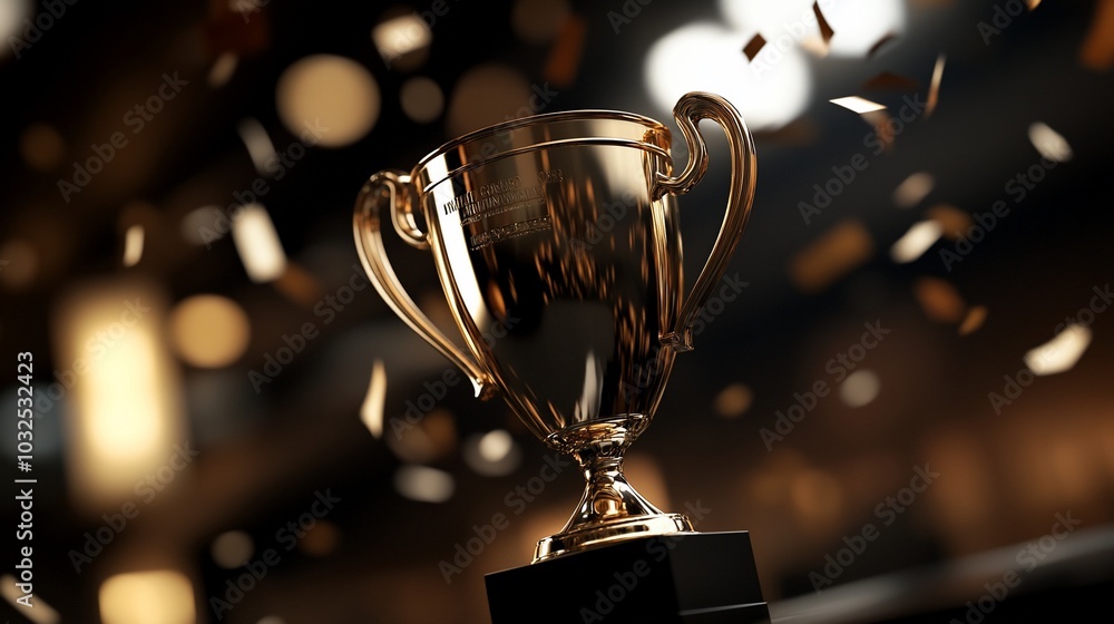 A gold trophy on a black base with confetti falling around it.