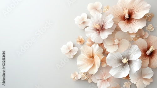 Watercolor hibiscus flowers in soft pastel tones, minimal details, arranged on a light gray background, seamless design