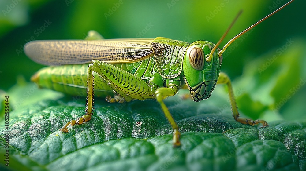 A green grasshopper perched on a leaf with its long antennae and large eyes in focus. A green grasshopper perched on a leaf with its long antennae and large eyes in focus.