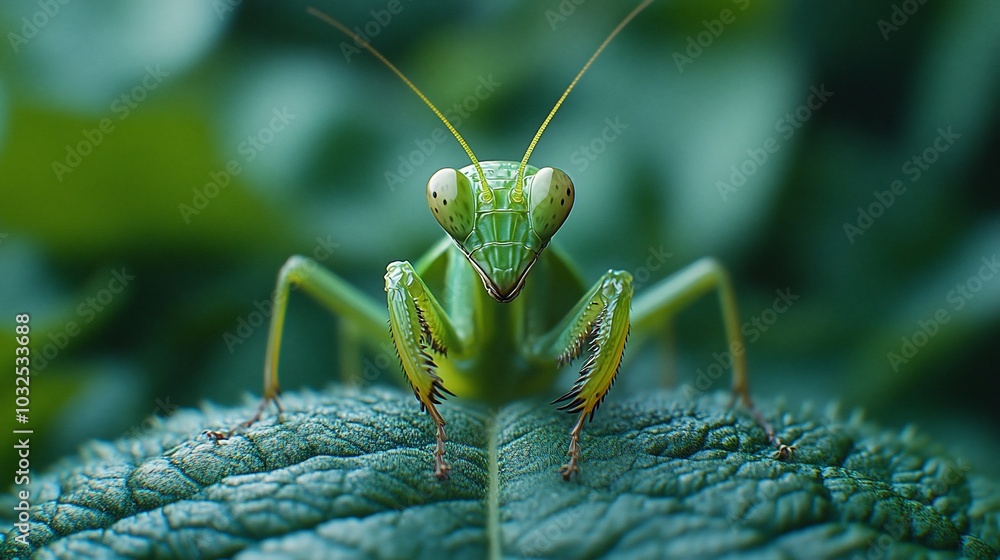 A close-up of a green praying mantis perched on a leaf. A close-up of a green praying mantis perched on a leaf.