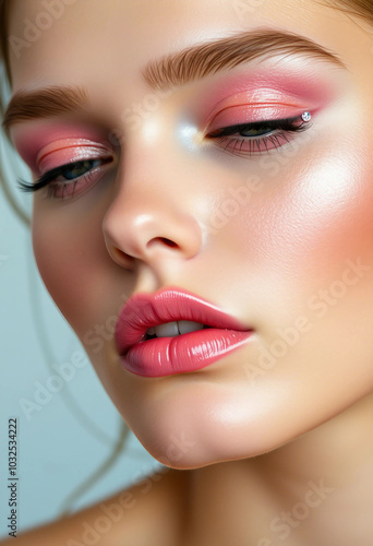 Close-up portrait highlighting vibrant pink eye makeup with glimmering gem details. Features smooth, glowing skin with soft lips, creating an elegant, sophisticated look.