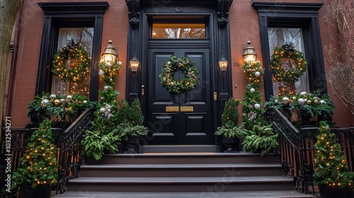 Festively decorated brownstone entrance adorned with wreaths and holiday ligh...
