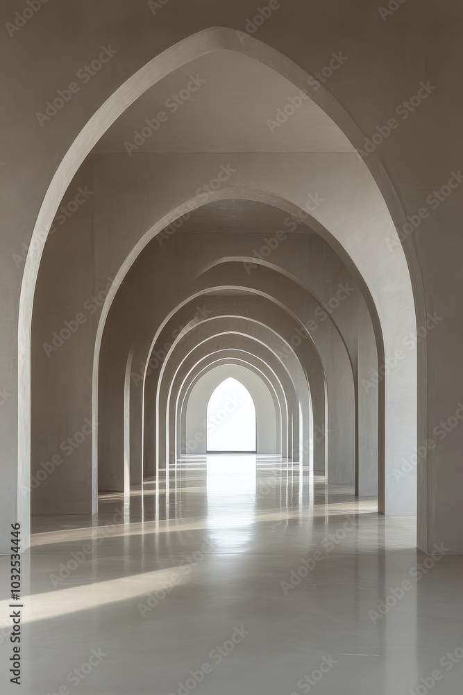 Obraz premium Elegant architectural passage featuring arches and a solitary tree during daylight