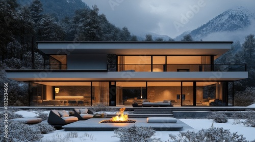 Modern hillside home with cozy fire pit surrounded by snow covered landscape ...