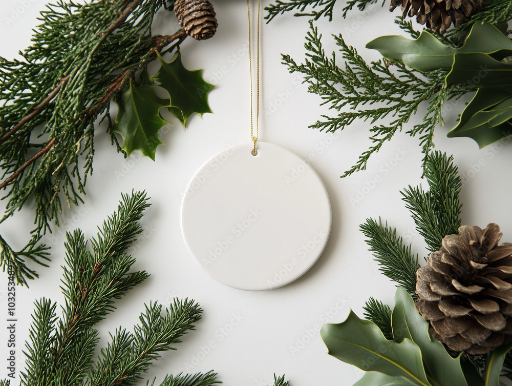 Blank Circular Ornament Amidst Festive Pine Cones and Greenery Blank Circular Ornament Amidst Festive Pine Cones and Greenery