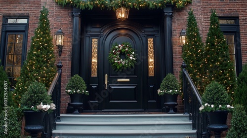 Festively decorated brownstone entrance adorned with wreaths and holiday ligh...