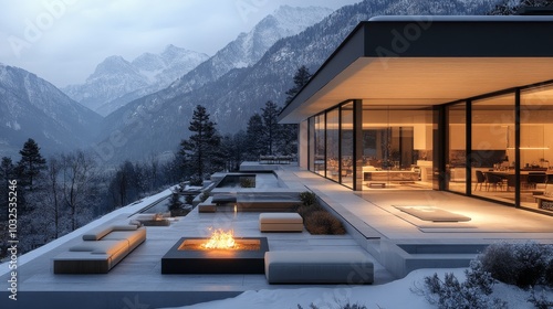 Modern hillside home with cozy fire pit surrounded by snow covered landscape ...