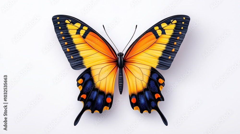 High-res image of a vibrant butterfly, capturing its radiant colors and detailed wing patterns against a clean background. High-res image of a vibrant butterfly, capturing its radiant colors and detailed wing patterns against a clean background.