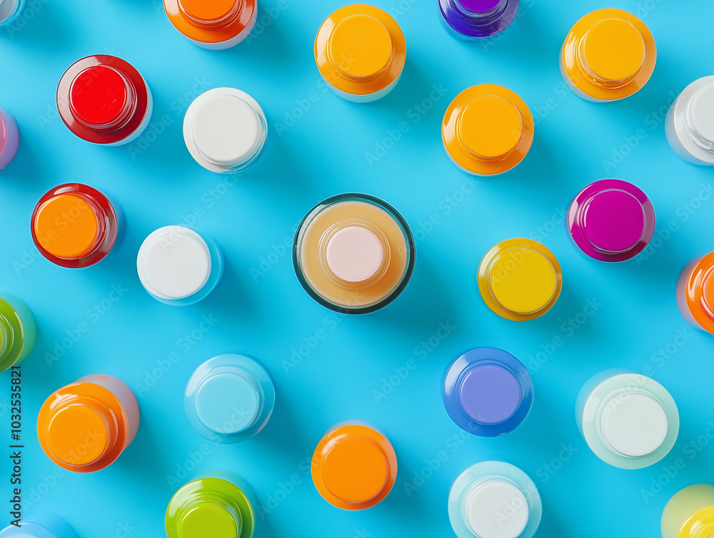 Colorful Bottles of Cosmetic Lotion on Blue Background Colorful Bottles of Cosmetic Lotion on Blue Background