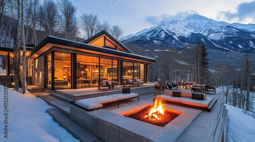 Modern hillside home with cozy fire pit surrounded by snow covered landscape ...