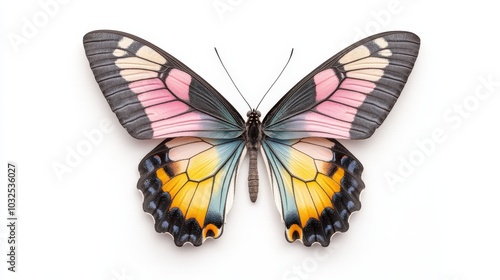 Macro shot of a colorful butterfly with its wings fully opened, displaying a range of vibrant hues in high resolution.