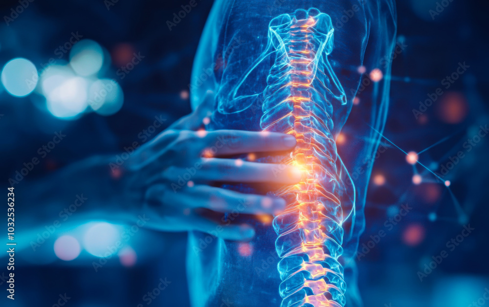 Anatomical visualization of the human spine with highlighted nerve activity in a scientific representation of human anatomy Anatomical visualization of the human spine with highlighted nerve activity in a scientific representation of human anatomy
