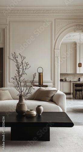 Elegant living room with minimalist decor featuring neutral colors and modern...