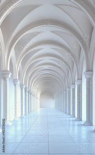 Bright minimalist hallway with arched windows in a modern building during day...