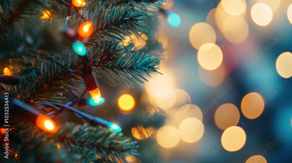 A close-up of colorful lights on a Christmas tree, soft bokeh background A close-up of colorful lights on a Christmas tree, soft bokeh background