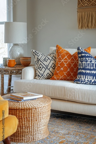 Bright and cozy living room with colorful pillows on a light sofa and a wicke...