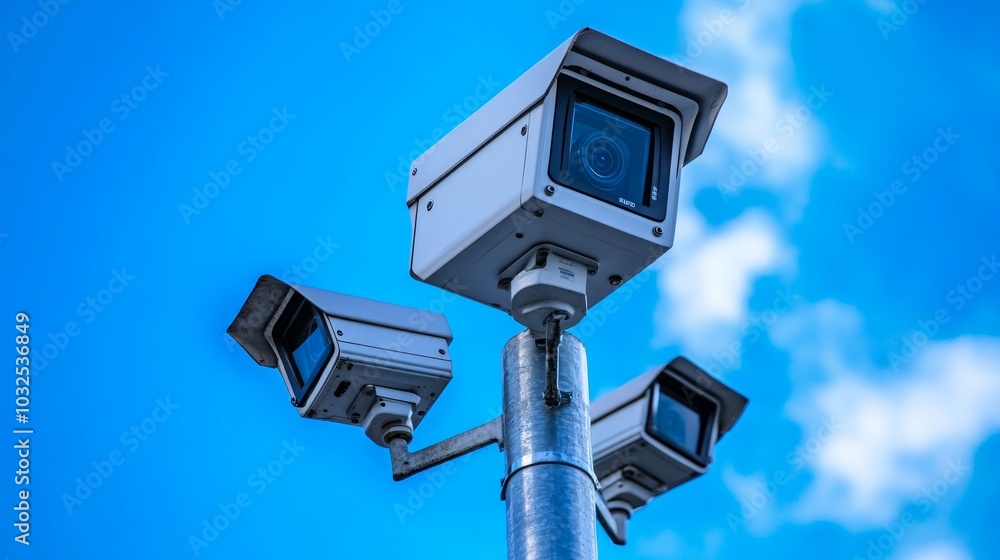 Three security cameras mounted on a pole against a blue sky with white clouds. Three security cameras mounted on a pole against a blue sky with white clouds.