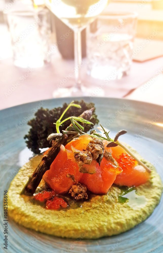 Salmon with pea puree. Haute cuisine. Salmon with pea puree. Haute cuisine.