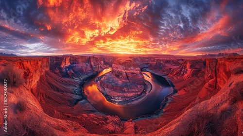 Super panorama of Horseshoe Bend in Page Arizona at sunset, showing a dramatic sky and the horseshoe shape from which the Colorado River flows.