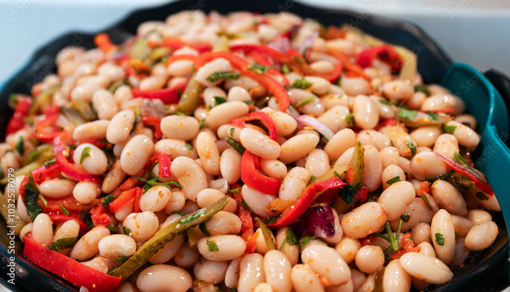 White bean salad with vegetables. Top view. White bean salad with vegetables. Top view.