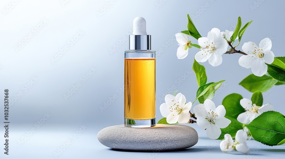 Essential oil dropper bottle with flowers on a smooth stone, soft blue background. Essential oil dropper bottle with flowers on a smooth stone, soft blue background.